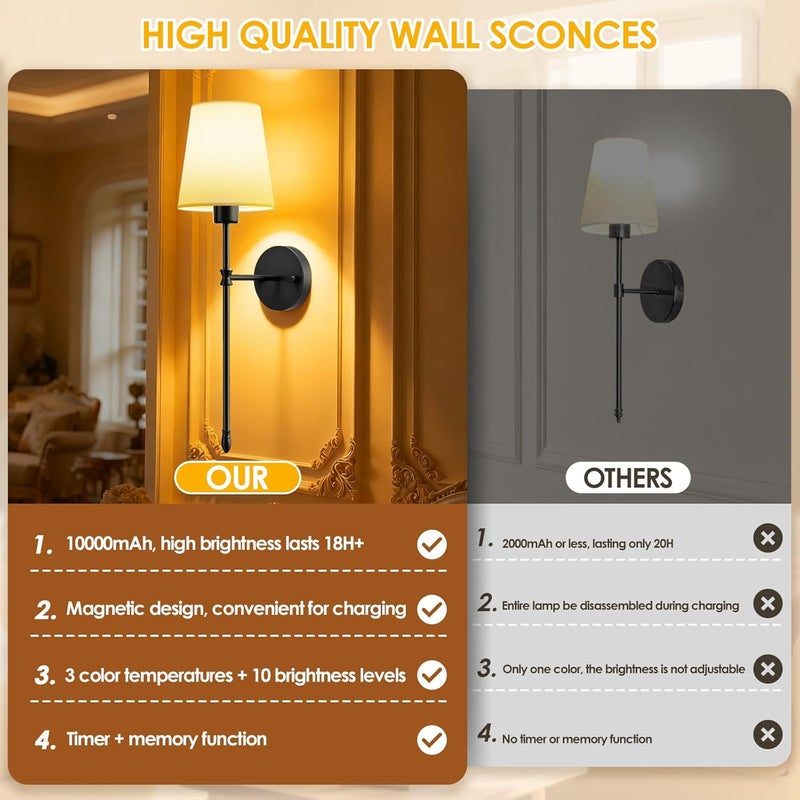 OCATO Battery Operated Wall Sconce: 10000mAh Wireless Wall Sconces Set of Two Rechargeable Lamp Dimmable Magnetic Lights with 7 RGB Colors and Remote Walls Decor for Bedroom Living Room Hallway - Image 5
